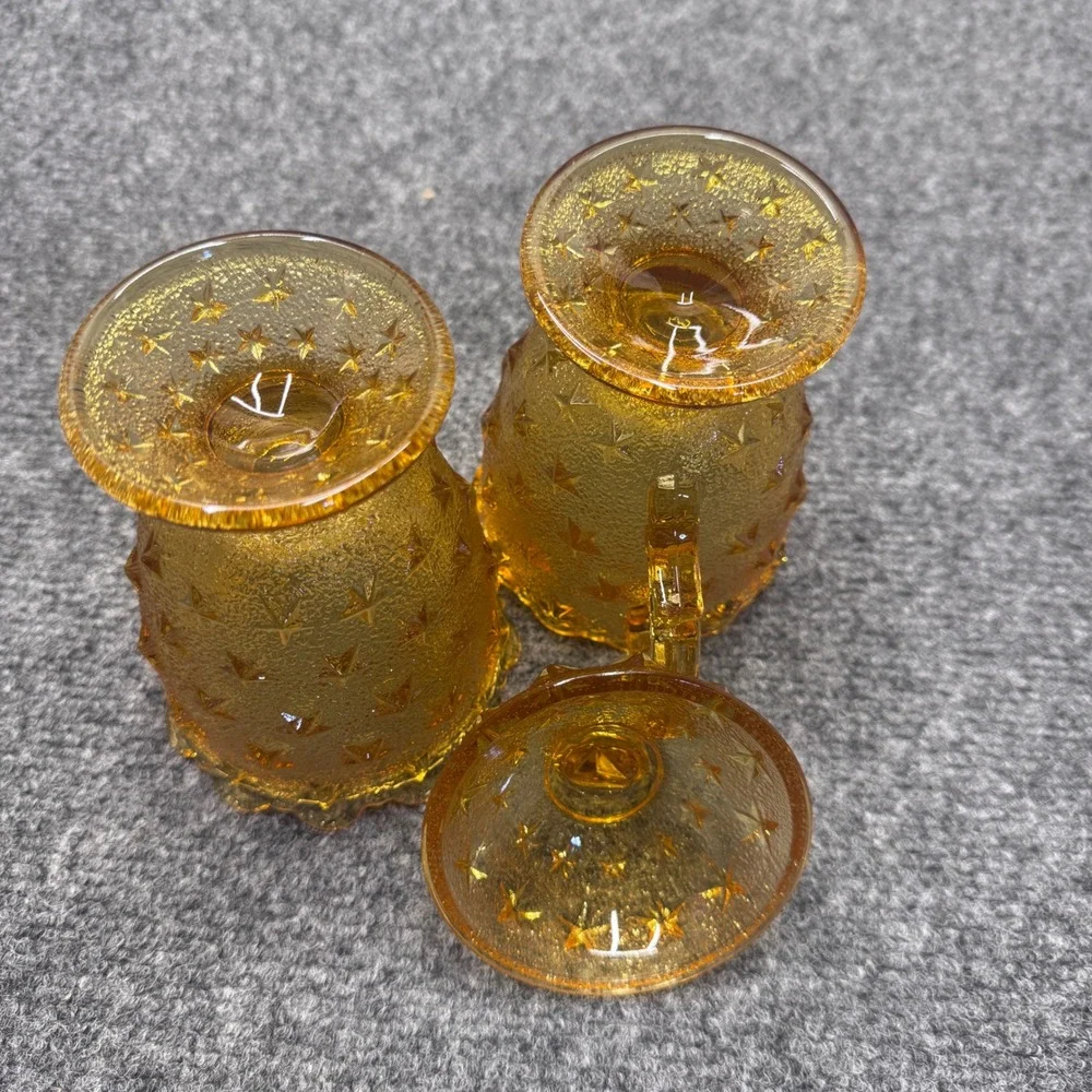 Vintage Amber Glass Sugar and Creamer Set Star Pattern Gold MCM Retro Decor